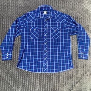 Wrangler Shirt Mens XL Blue White Long Sleeve Pearl Snap Plaid Western Cowboy